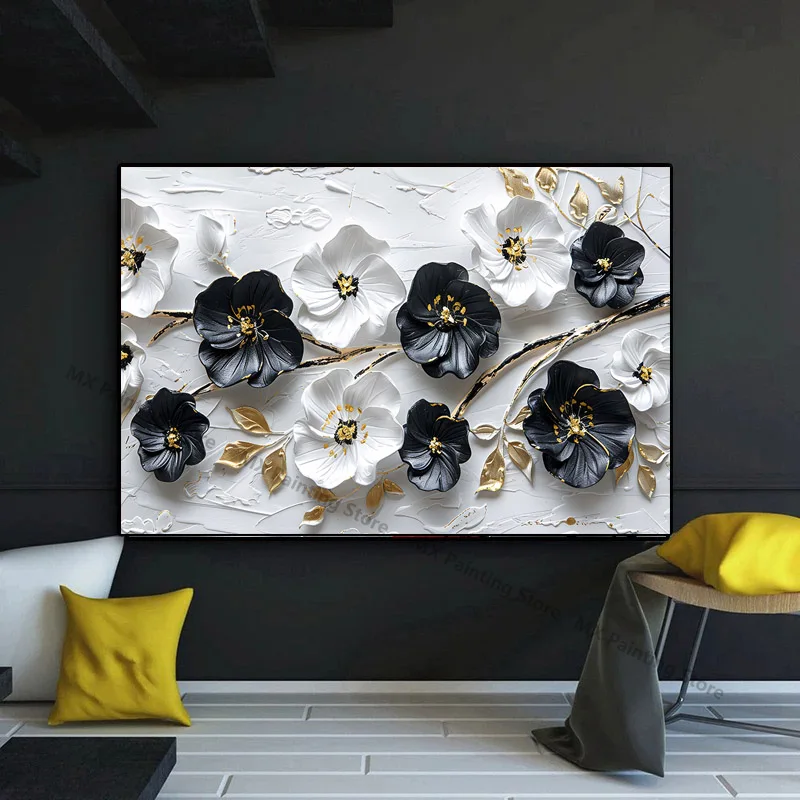 Абстрактное искусство черно-белые цветы Золотые листья на холсте плакаты
