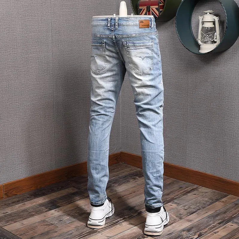 Fashion Designer Men Jeans Retro Light Blue Elastic Stretch Slim Fit Patched Ripped Jeans Men Korean Style Vintage Denim Pants