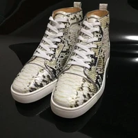 high top snakeskin pattern genuine leather luxury designer sneakers fashion lace up red bottom casual shoes for men brand flats