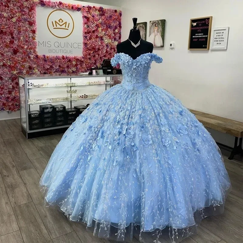 

Light Blue Quinceanera Dresses Tulle 3D Floral Off Shoulder Brithday Dance Party Sweet 16 Dress Vestido De 15 Años