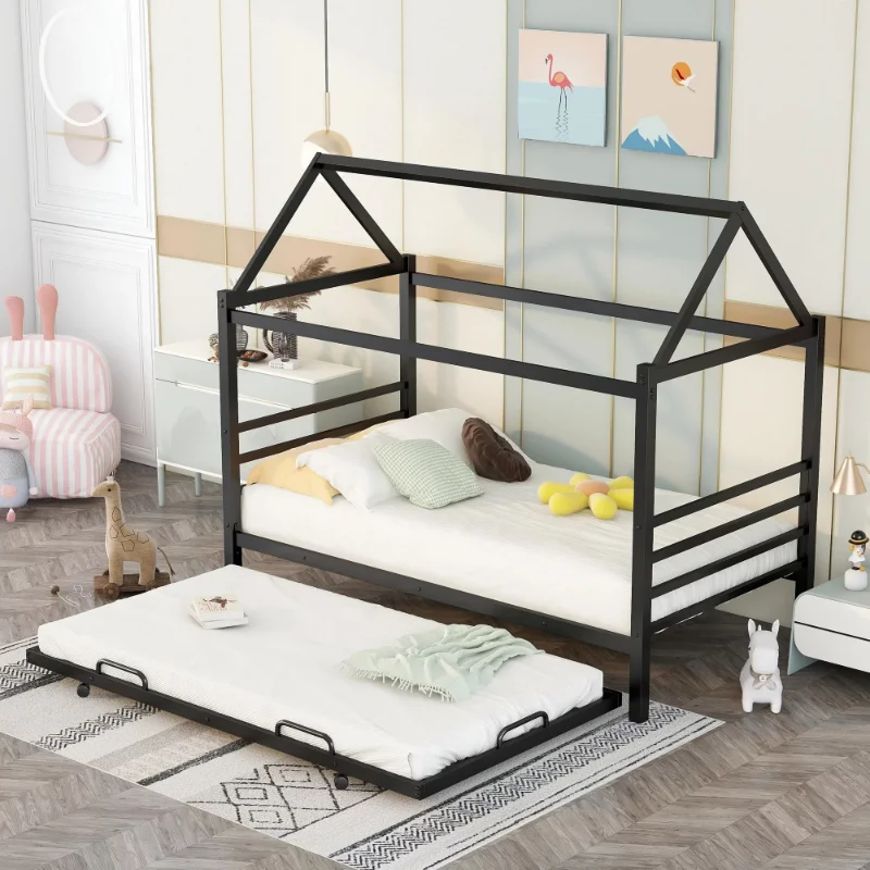 

EUROCO Twin Metal House Platform Bed for Child, Black kids bed beds furniture
