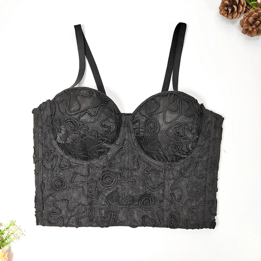 

Vintage Labyrinth Curve Embroidery fishbone suspender Slim-fit backless elegant shaping top with underwire organza spread chest