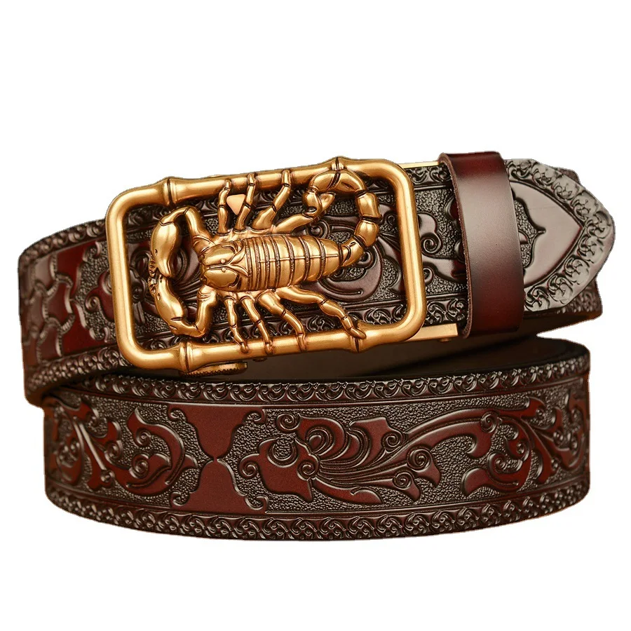 Men Genuine Leather Belt Luxury Gold Scorpion Metal Automatic Buckle Cowhide Belts for Men Jeans Waistband Male Strap Black