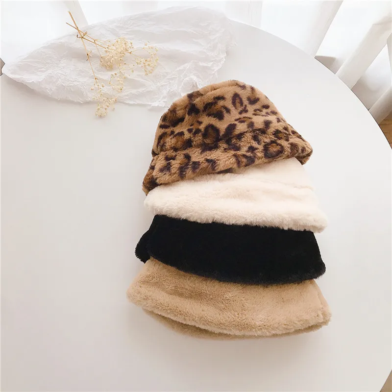 

6 Colors Kids Bucket Hat Kids Warm Hat Unisex Solid Color/Leopard Print Bucket Hat Autumn Winter Wool Hat