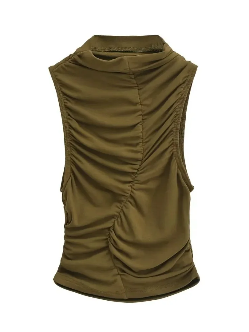 Новый летний плиссированный жилет без рукавов с воротником-стойкой 2024 женский