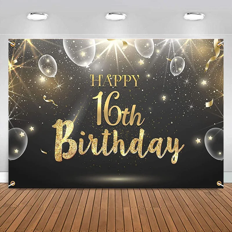 

Happy 16th Birthday Giltter Shinning Banner Backdrop Decorations Party Supplies for Girls Boys Black Gold Photography Background