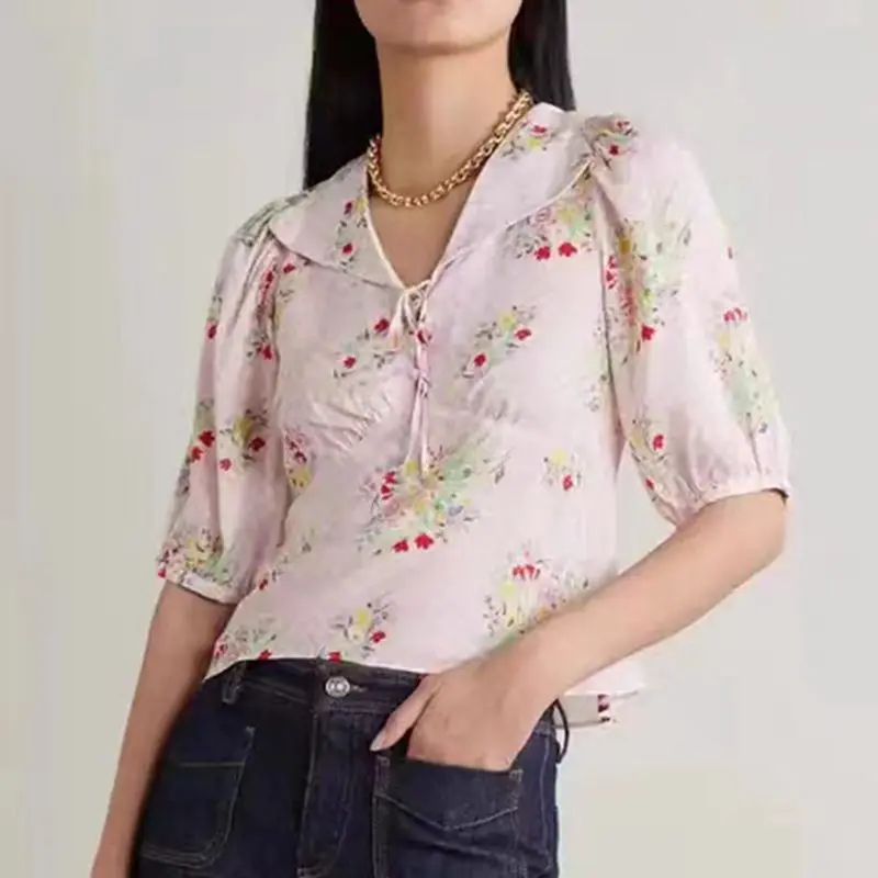 

2023 Summer New Retro Print V-neck Lapel Puff Sleeves Strappy Pullover Shirt Women