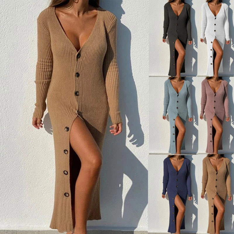 

Sweater Sexy Dress Long Sleeve V Neck Knitted Winter Party Club Bodycon Basic Dresses Long For Women Cardigans Dress