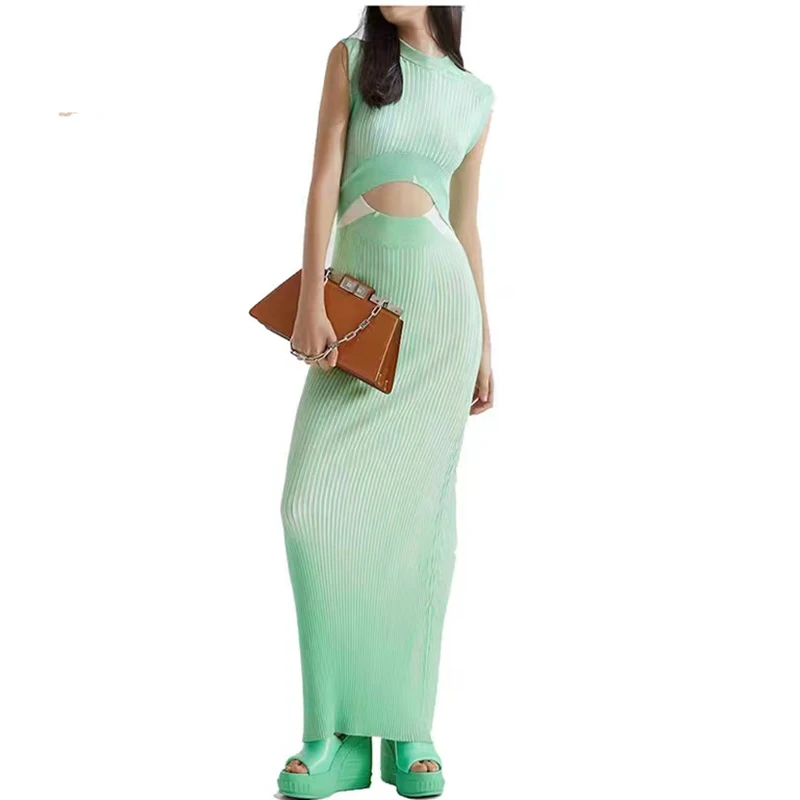 

Sleeveless hollow Slim dress 2023 summer new y2k heavy gradient print thread thin long skirt French fashion waist ladies dresses