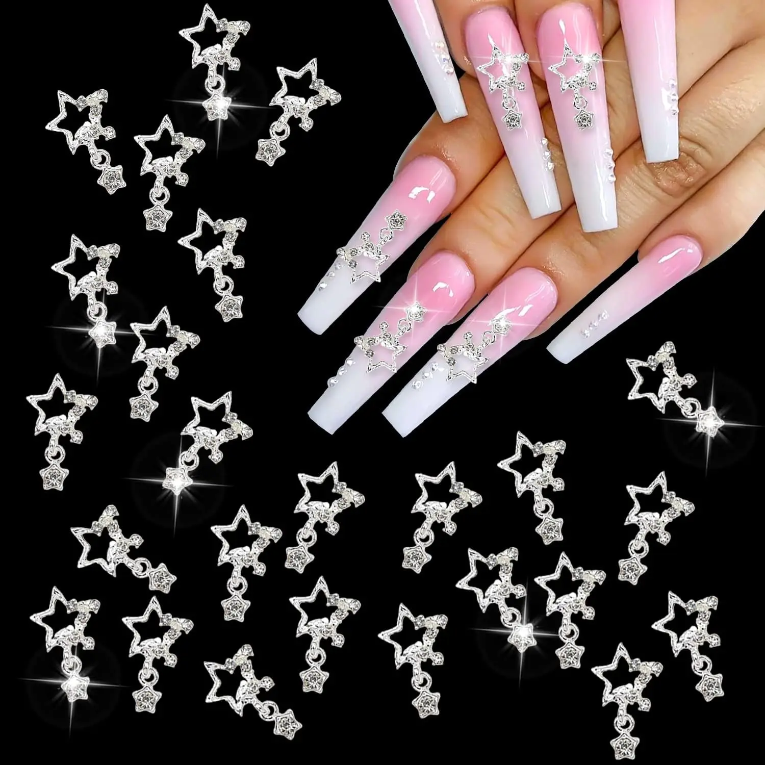 

10pcs Pentagram Star Nail Art Charm Shiny Heart Saturn Planet Rhinestones 3D Nail Decoration Glitter Nail Manicure Accessories