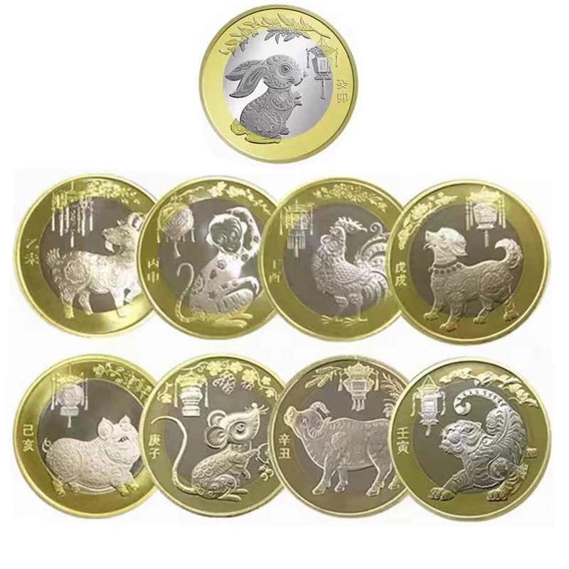 

Памятные монеты китайского знака зодиака 2015-2023, 9 шт., кролик, тигр, овечка, обезьяна, бык, собака, свинья, новый год 10 юаней, 100% оригинал UNC