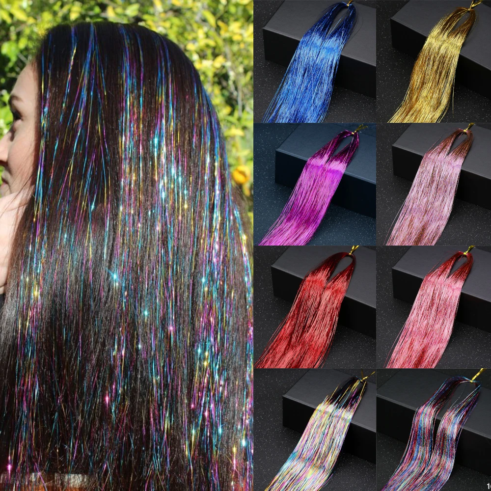 MISSQUEEN synthesis 22 Inch 16 Colors Hair Tinsel Kit Strands with Tools Extension for Women Girls Braiding Sparkle Shiny Hair
