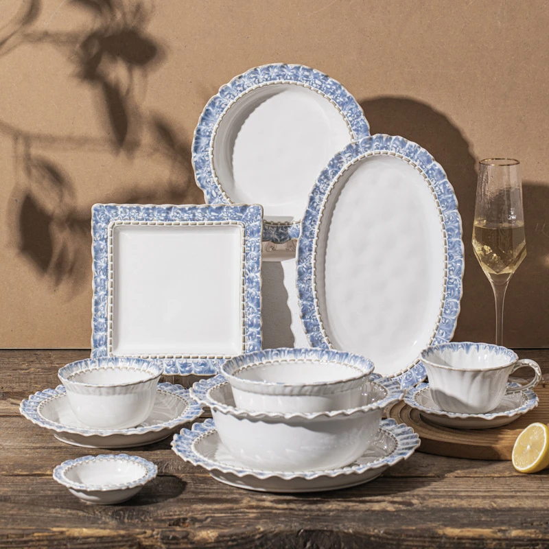 French Porcelain Plate Household Soup Bowl Blue Flower Edge Ceramic Coffee Cup Saucer Dinnerware Small Sauce Dish Square Tray