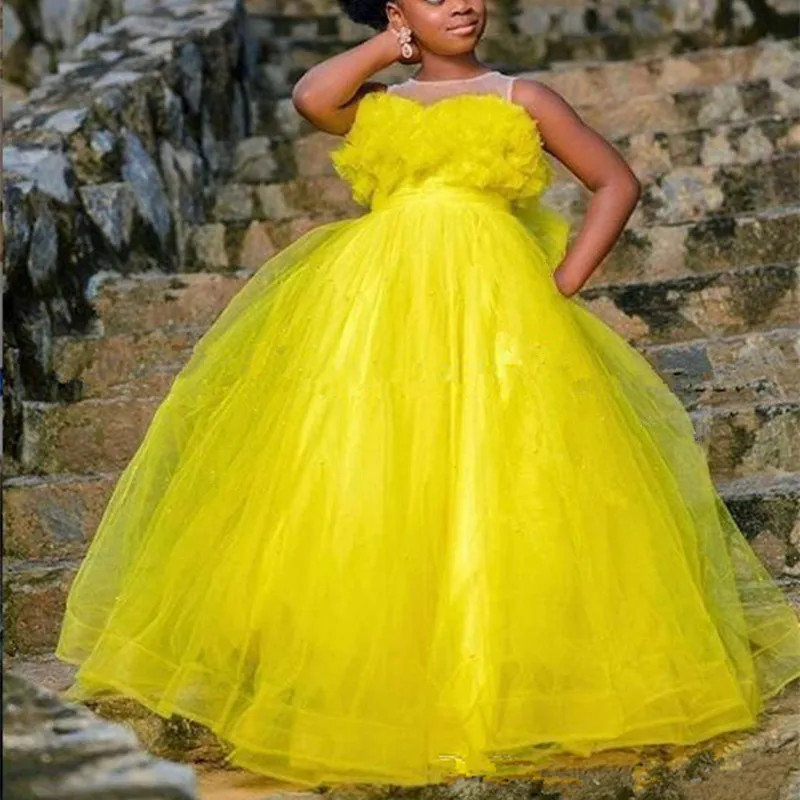 

Yellow Kids Flower Girl Dress For Wedding Little Girls Pageant Toddler Floor Length Cheap First Communion Gowns Princess Dress
