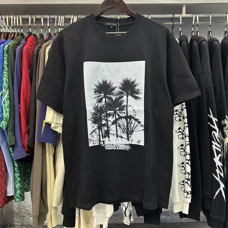 

PURPLE Cotton T-shirt Letter Beach Coconut Tree Print High Street Round Neck Large Couple Black and White Top Short Sleeve