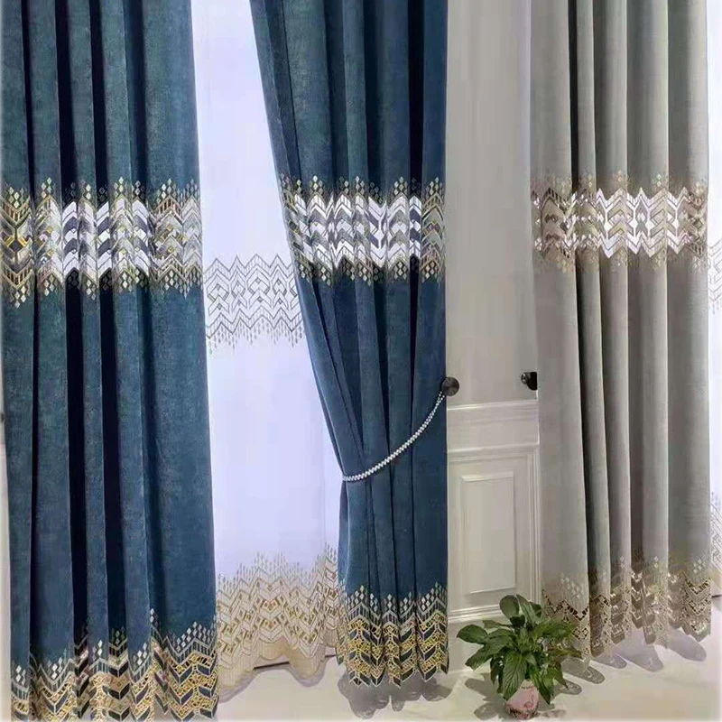 

Luxury Grey Embroidered Leave Curtains for Living Room Semi-Blackout Hollow Out Chenille French Window Treatment Drapes