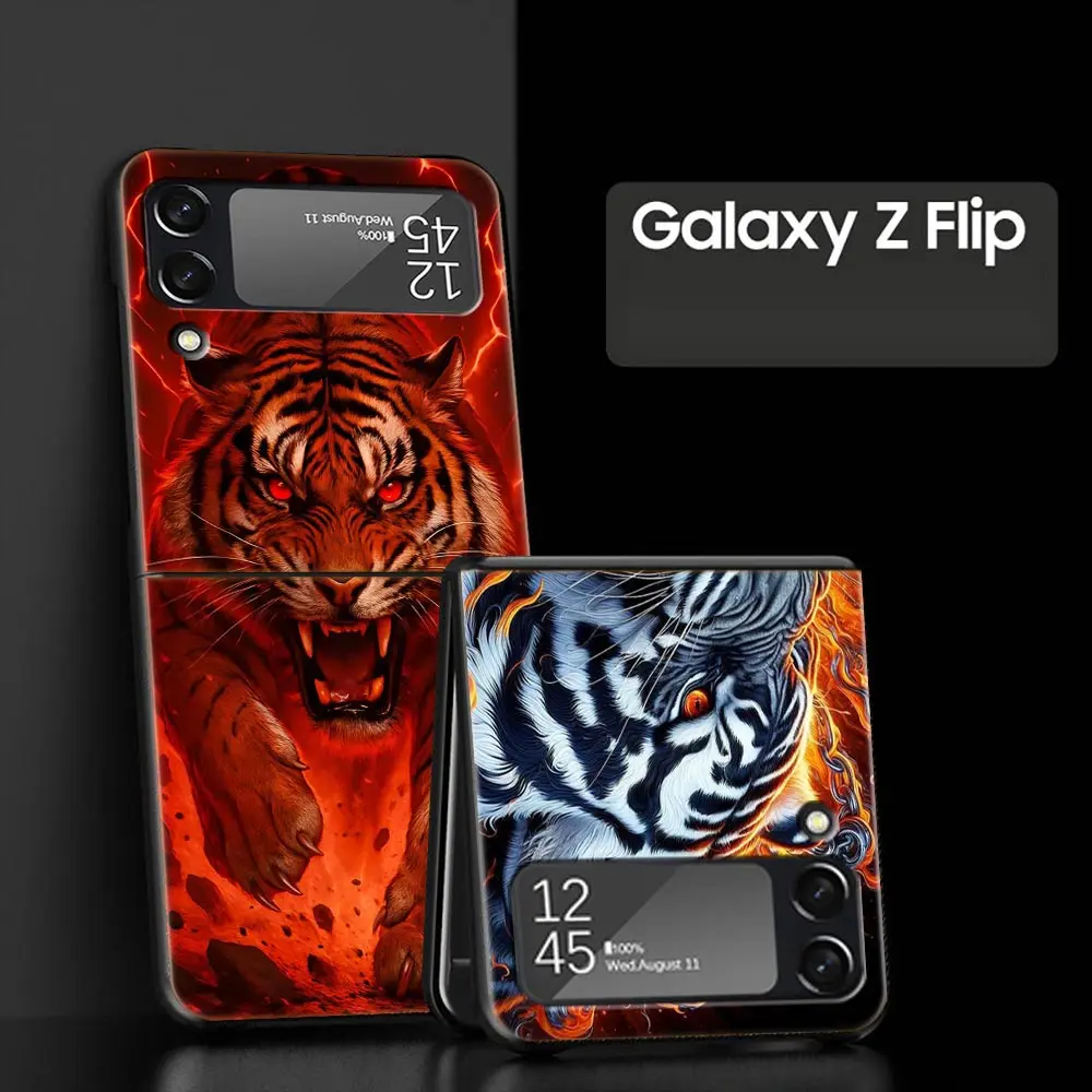Фото Жесткий чехол для телефона из поликарбоната для Samsung Galaxy Z Flip 7 6 5 4, черный чехол для Galaxy Z Flip 3, складной противоударный чехол с рисунком тигра №2