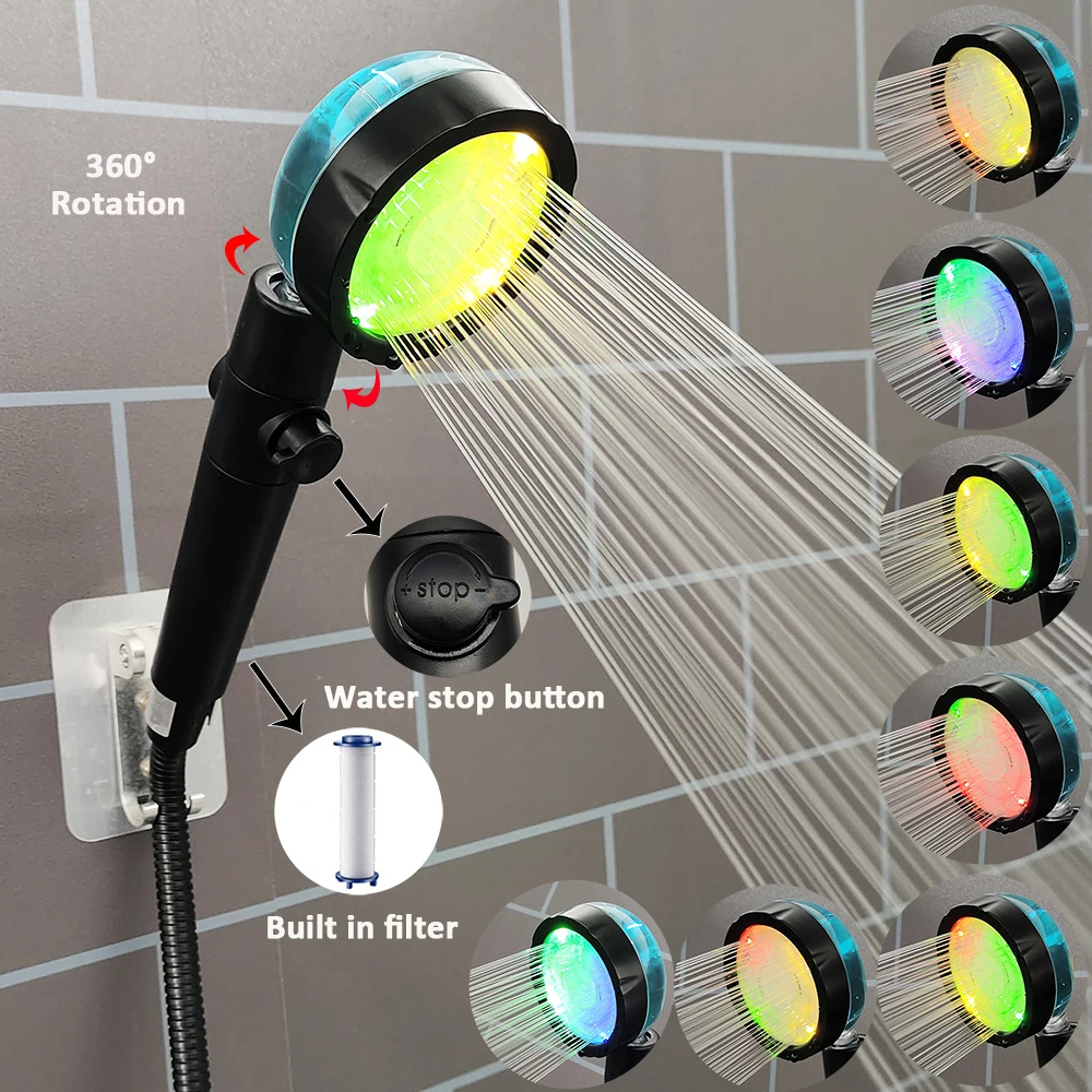 

3/7 Colors Led Turbo Propeller Shower Head Filtered High Pressure Water Saving With Stop Button Shower Head Bathroom Accessories