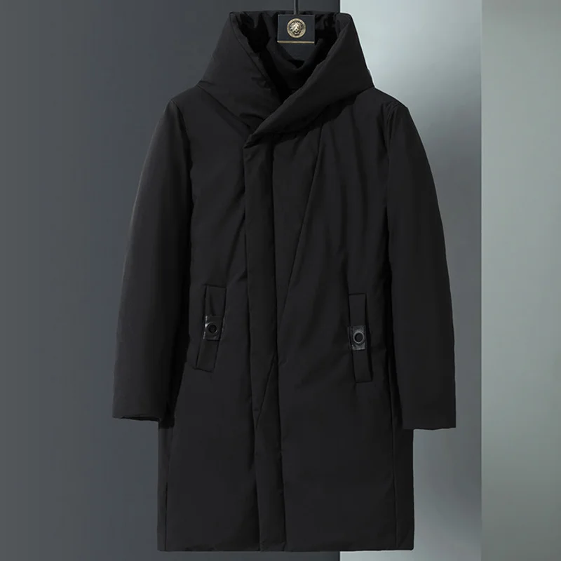 Parkas Fashion Men Long Black Jacket Winter Brand Thicken Warm Loose White Duck Down Coat Hooded Solid Zipper Windbreaker