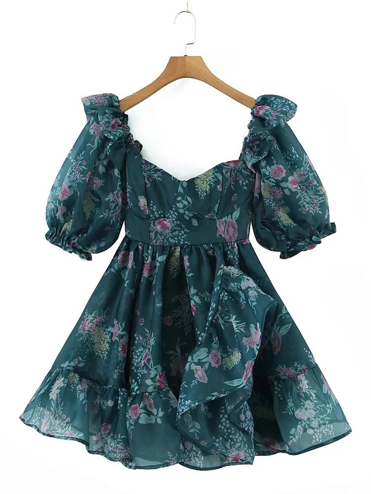 

YENKYE Women Green Floral Print Organza Ball Gown Dress Vintage Puff Sleeve Hem Ruffle Female Holiday Party Princess Robe Short