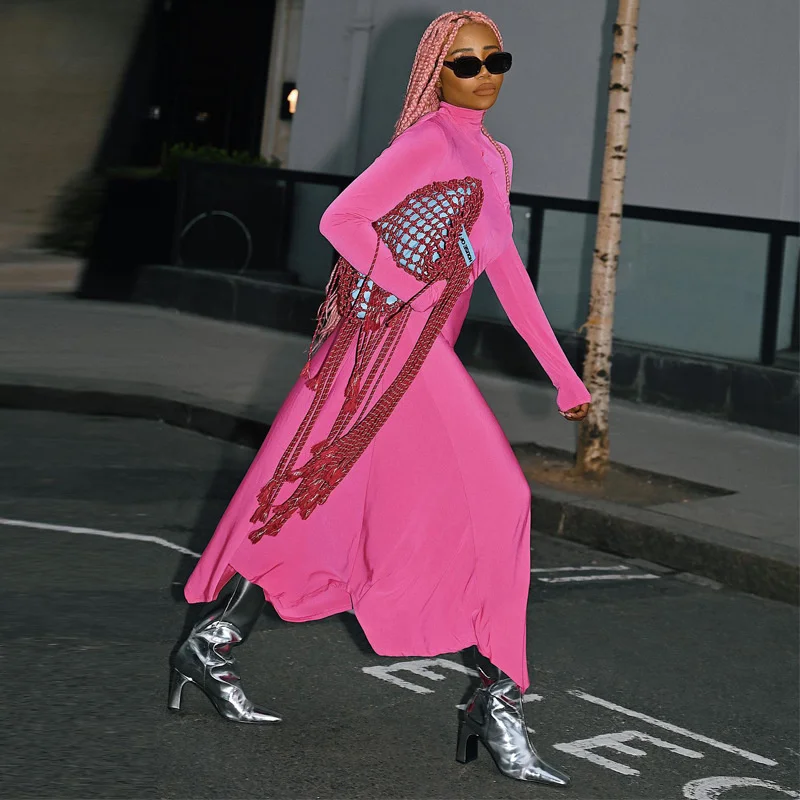 

Autumn Winter Women Long Sleeve Large Hem A Line Solid Pink Simple Design Female Chic Streetwear Maxi Casual Dresses