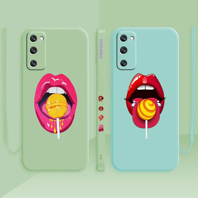 

Case For Samsung Galaxy S22 S21 S20 S10 S8 S9 S10e Ultra FE Note 20 10Plus Square Liquid Candy Color Capa Woman Licking Lollipop