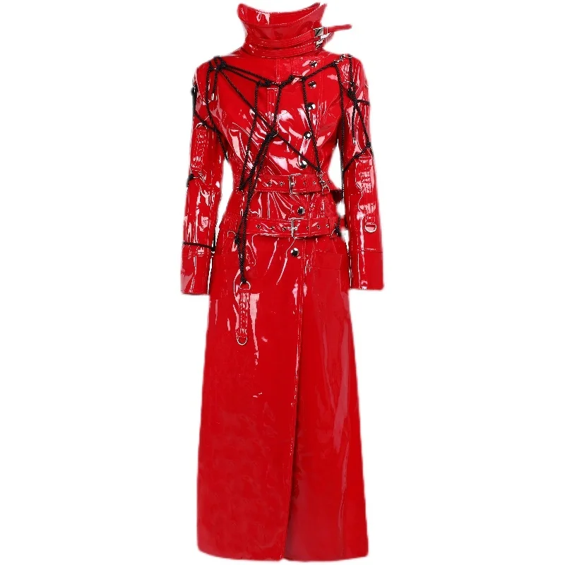 Sunken SINKing | SK Series TRA Strap Jipunk Style Black Red Cord Shiny Patent Leather Long Coat