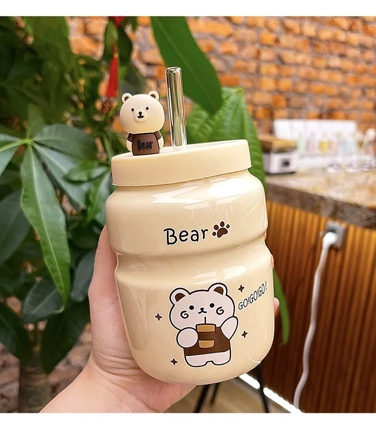 

Korean ceramic bear water cup, cute cartoon straw, cute Christmas gift, students and family use