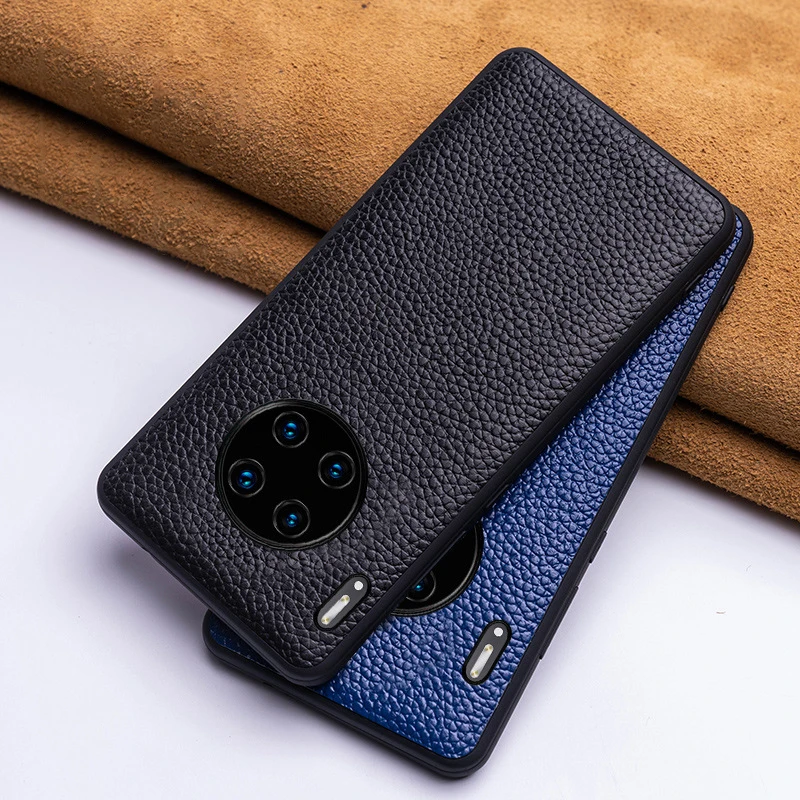 

Fashion Luxury Cowhide Genuine Leather Case For Huawei Mate 10 20 30 40 Pro Plus Lite 40E Lychee Pattern Cowhid Phone Back Cover