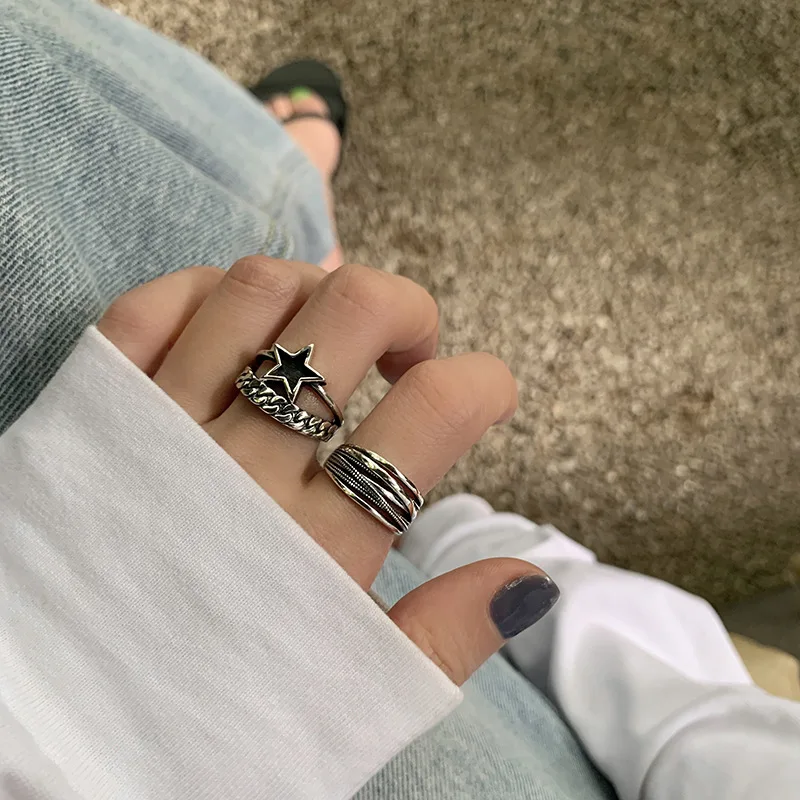 Minimalist Vintage Antique Silver Pentagram Rings for Women New Fashion Creative Hollow Geometric Party Jewelry Gifts Open Ring |