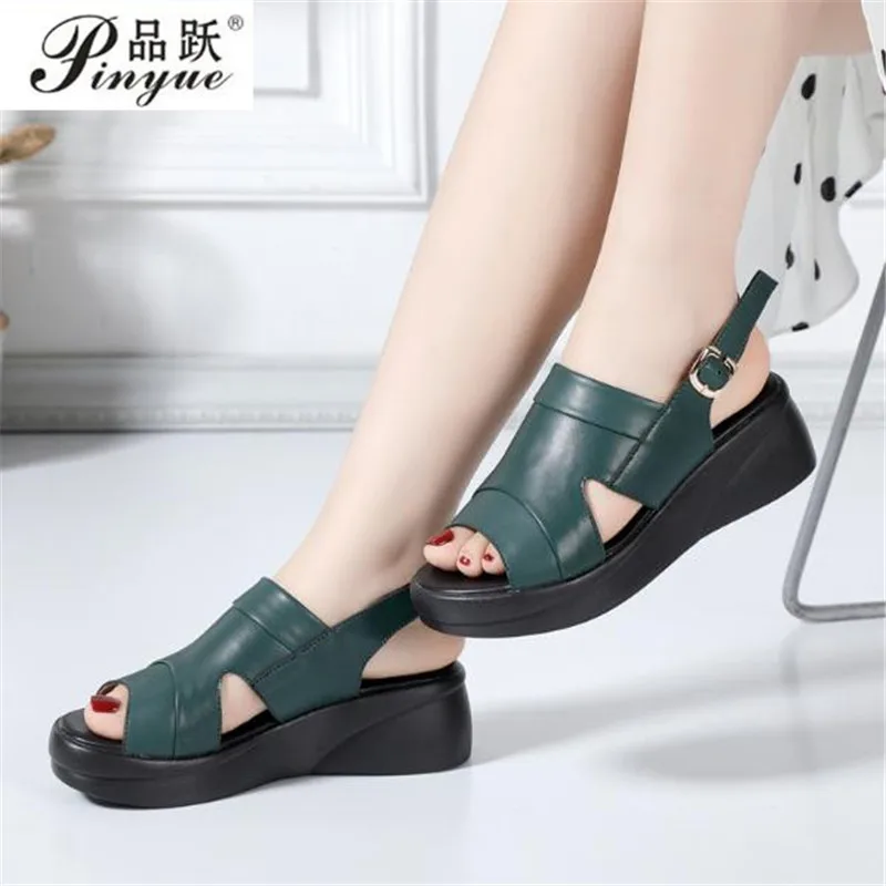 

Женские сандалии из натуральной кожи на платформе, летние сандалии на толстой подошве и высоком каблуке, женские босоножки