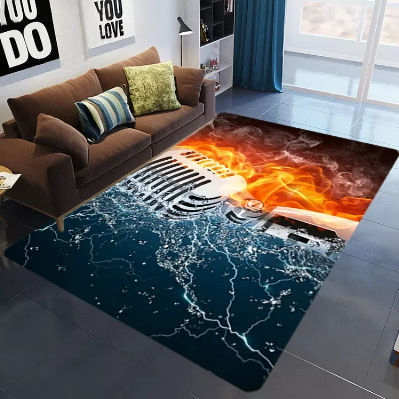 

NEW2023 3D printed music microphone living room abstract flame guitar area rugs kids bedroom -slip floor mat home decor custom