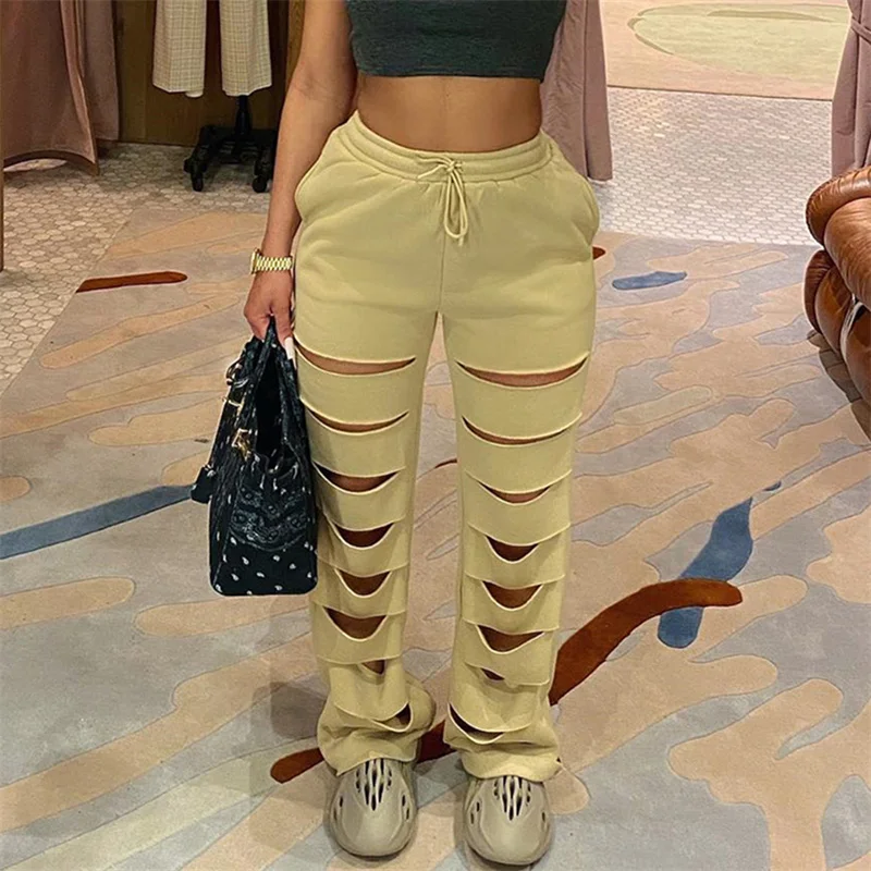 

Female Long Trousers Solid Color Ripped Holes Drawstring Elastic Waist Women Loose Long Pants Casual Street Style Bottoms