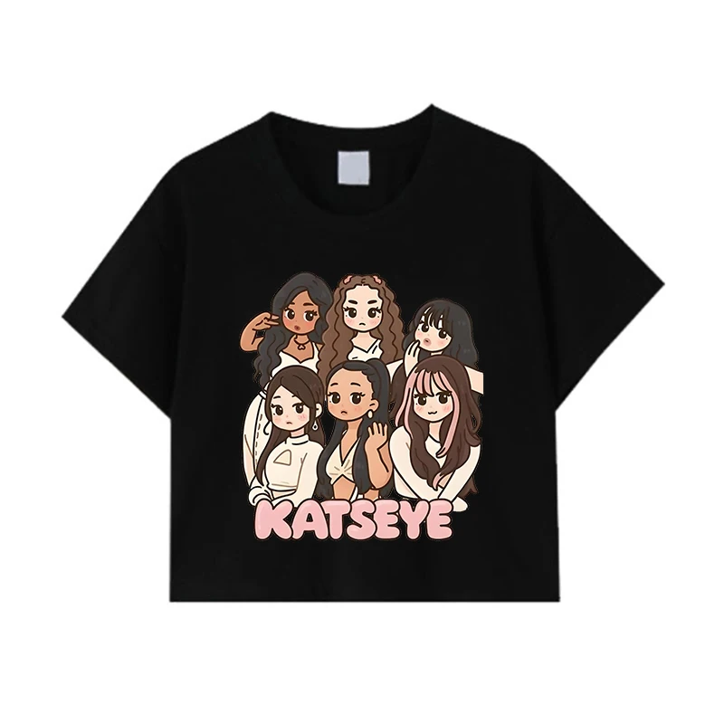 Фото Винтажный укороченный топ Fun Katseye Kpop Girl Group для концертов 2026 года, подарок для любителей музыки, укороченный топ Y2K, женская приталенная футболка из 100% хлопка №2