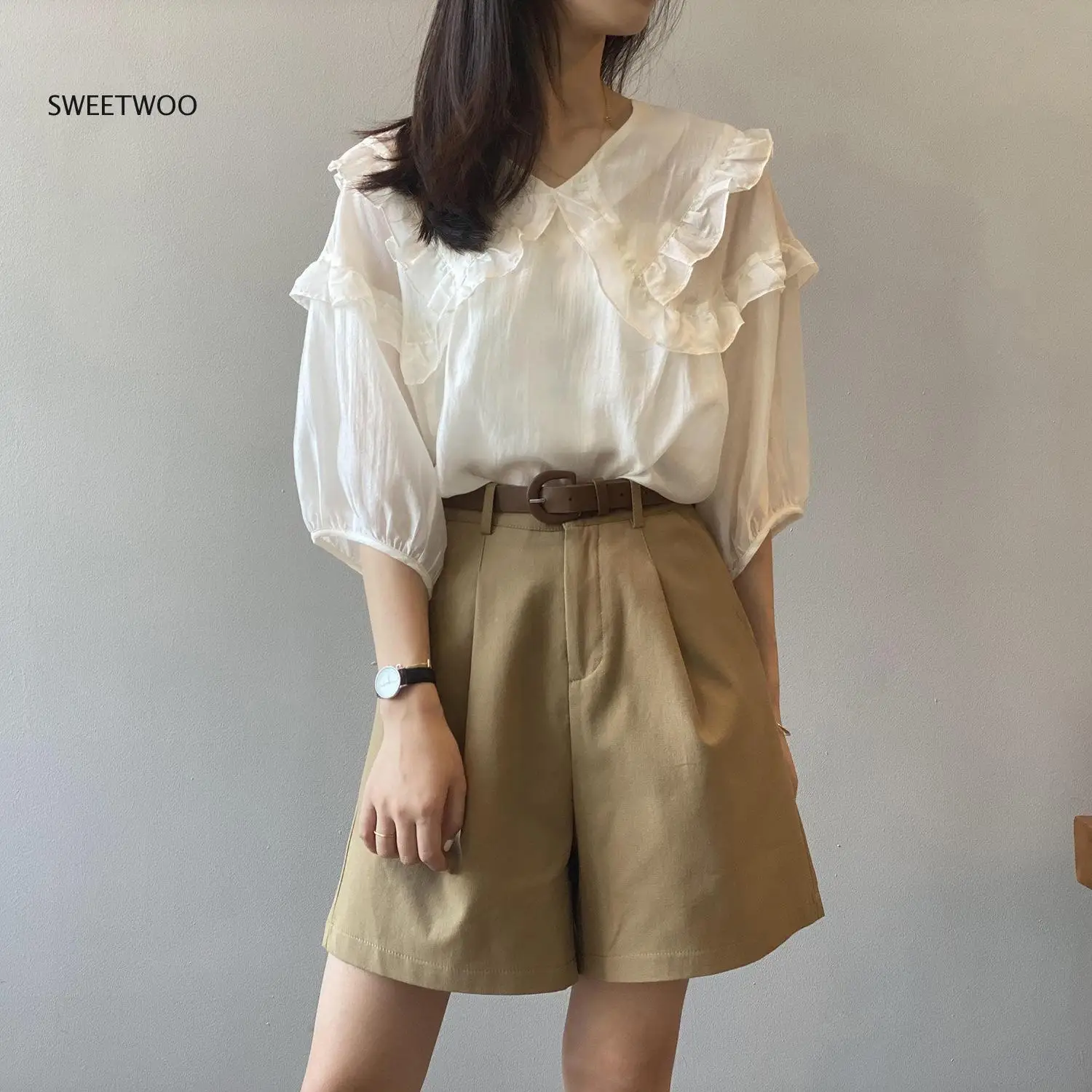 2022 Summer New V Neck Ruffle T-shirt for Women Korean Simple Casual Short Sleeve T Shirts Female Solid Color Tops Tees
