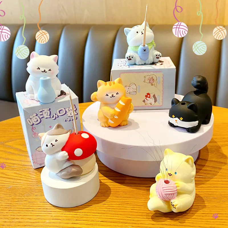 Фото Милая мультяшная фигурка кошки Miaoxu, креативное украшение из смолы для рабочего стола, декор в успокаивающем стиле для офиса и дома, подставка для благовоний №3