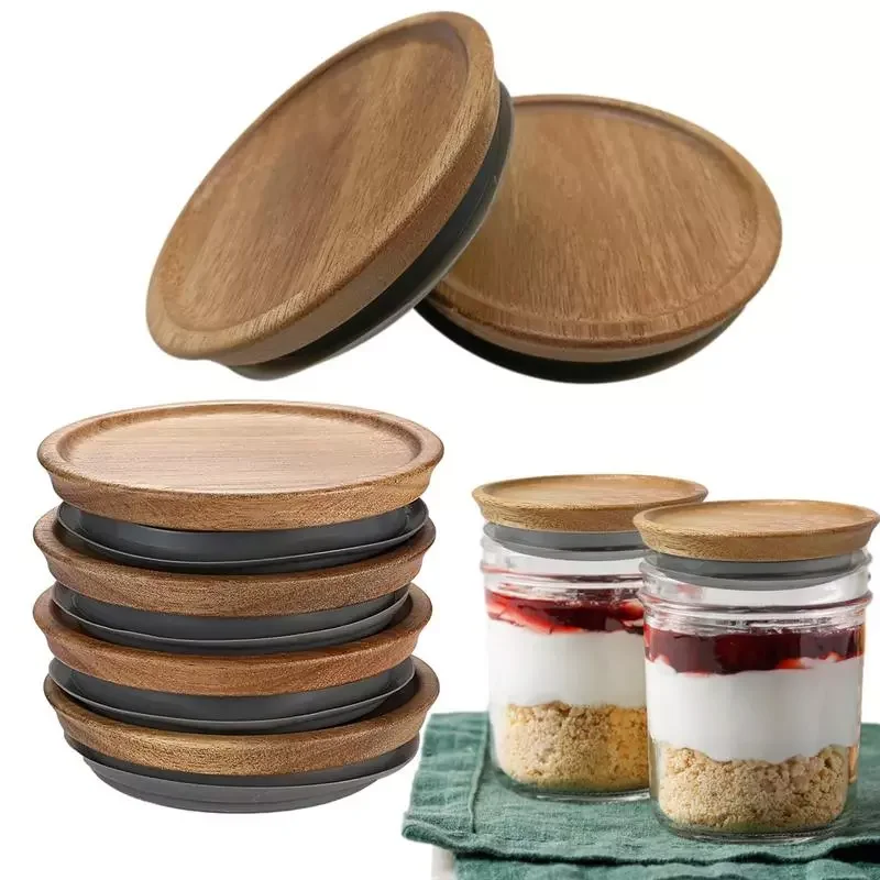 

6 Pack Mason Jar Lids Wood Reusable Mason Canning Cover Wide Mouth Bottle Leak-Proof Seal Home Kitchen Supplies Organizer