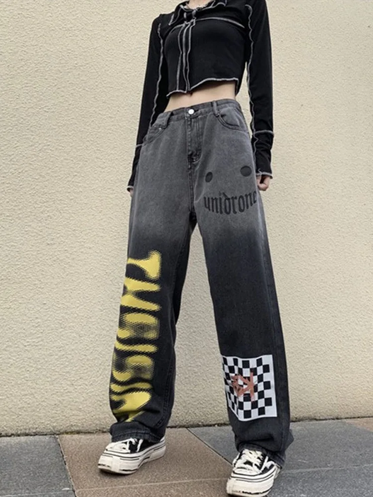 American Style Hip Hop Alphabet Print Multi-pocket Jeans for Women Y2K High Street Loose Straight Wide Leg Work Pants Oversized