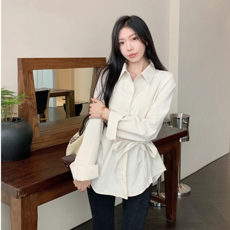 

Women's Long Sleeve Button Down Shirts Collared Button Up Shirt Blouse Tops Casual Belted Shirt Tops