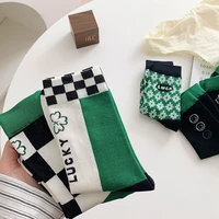 green plaid socks woman fashion korean style smiley face socks girl short socks spring kawaii letter printed socks medium tube