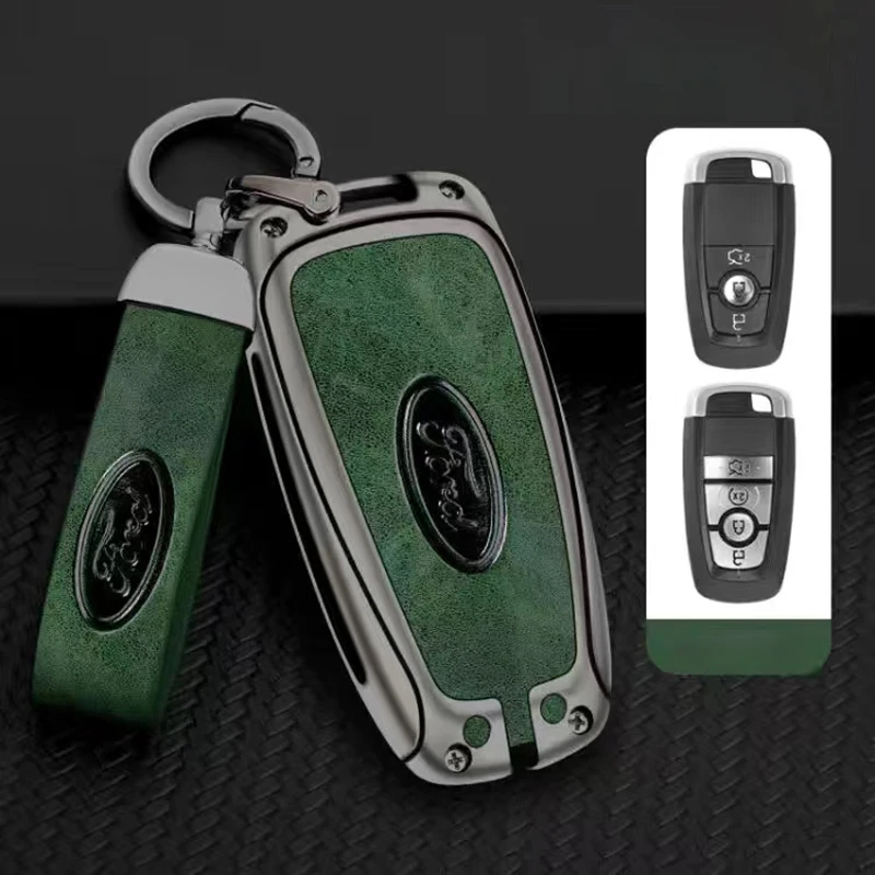Fashion Zinc Alloy Leather Car Key Case Cover For Ford Edge Fusion Mustang Explorer F150 F250 F350 Ecosport Protector Holder
