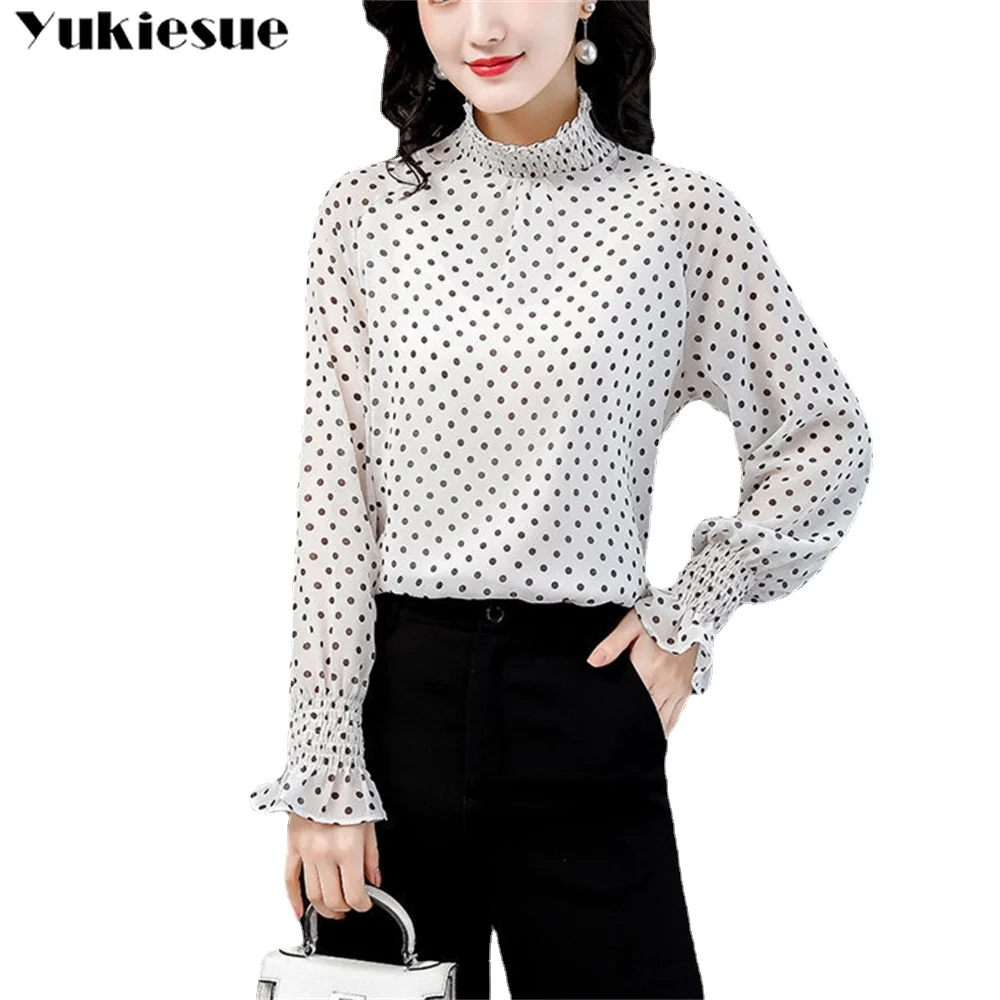 Блузка женская шифоновая в горошек элегантная рубашка с длинным рукавом топ на