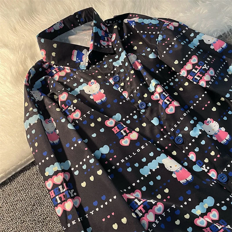 Блузка с принтом Hello Kitty Женская модный винтажный черный топ оригинальным