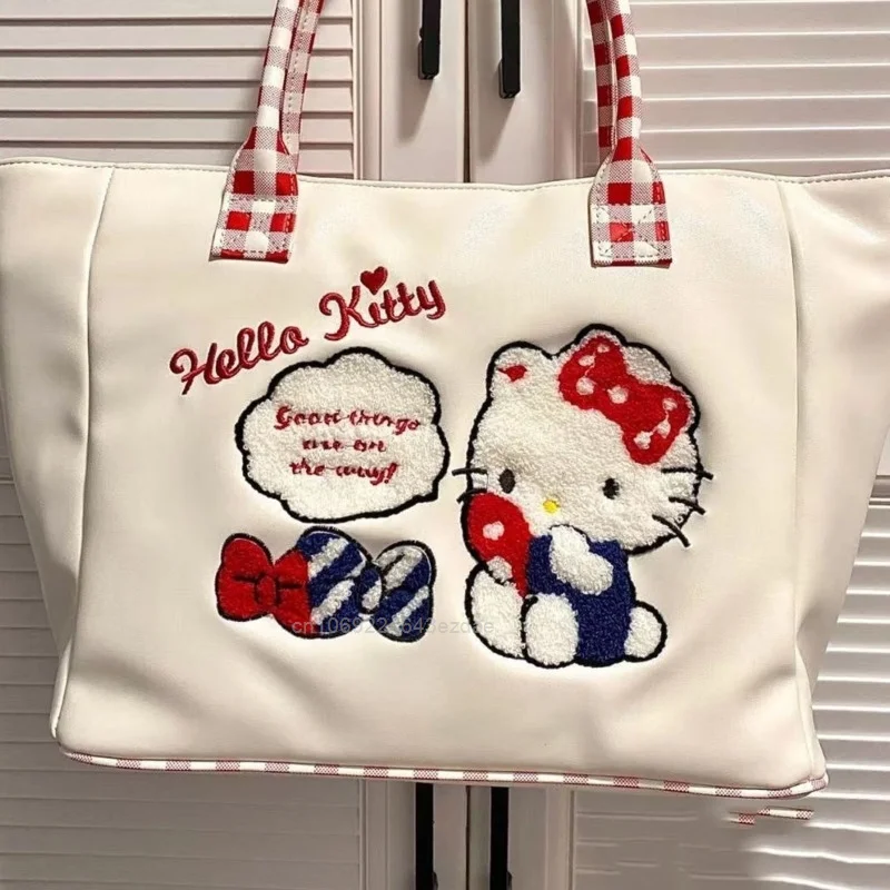 Sanrio Hello Kitty Embroidered Tote Shoulder Bags Y2k Girl Fashion Large Capacity Cute Handbag Women Cartoon Trend Designer Bags