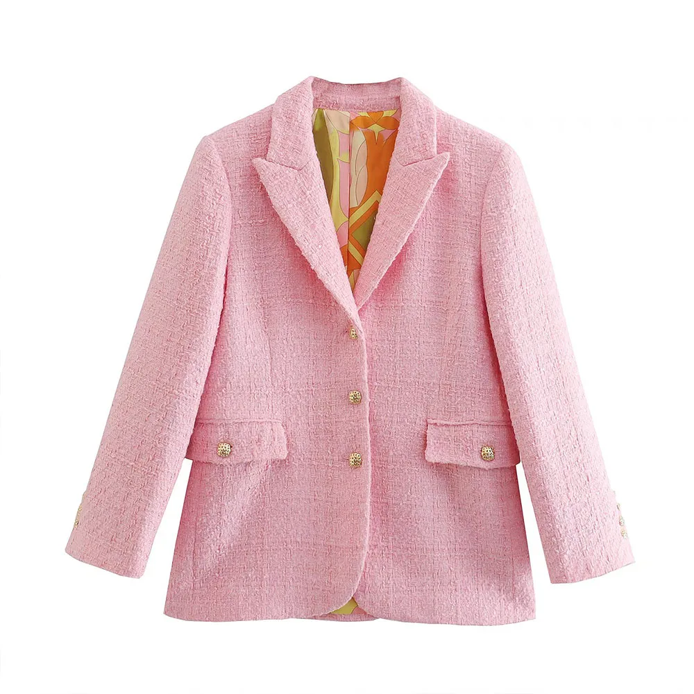 

ZATRHMBM spring 2022 Ladies fashion Single-breasted pocket textured pink jacket Vintage Long Sleeve jackets for women 2022