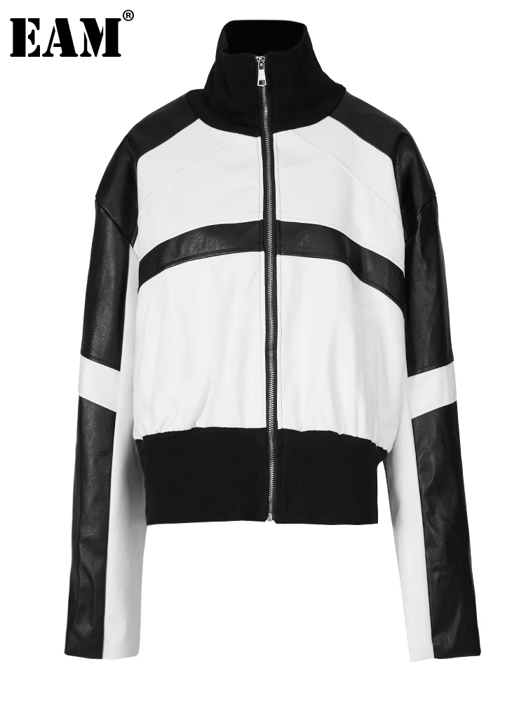

[EAM] Свободная белая куртка из искусственной кожи большого размера, Новая женская куртка с воротником-стойкой и длинным рукавом, модная весенне-осенняя 2023 1DF4368