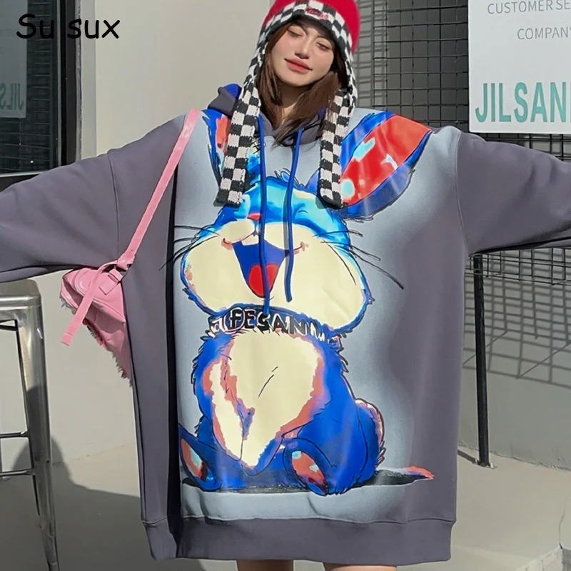 Длинный свитер с капюшоном большого размера рисунком кролика женские топы