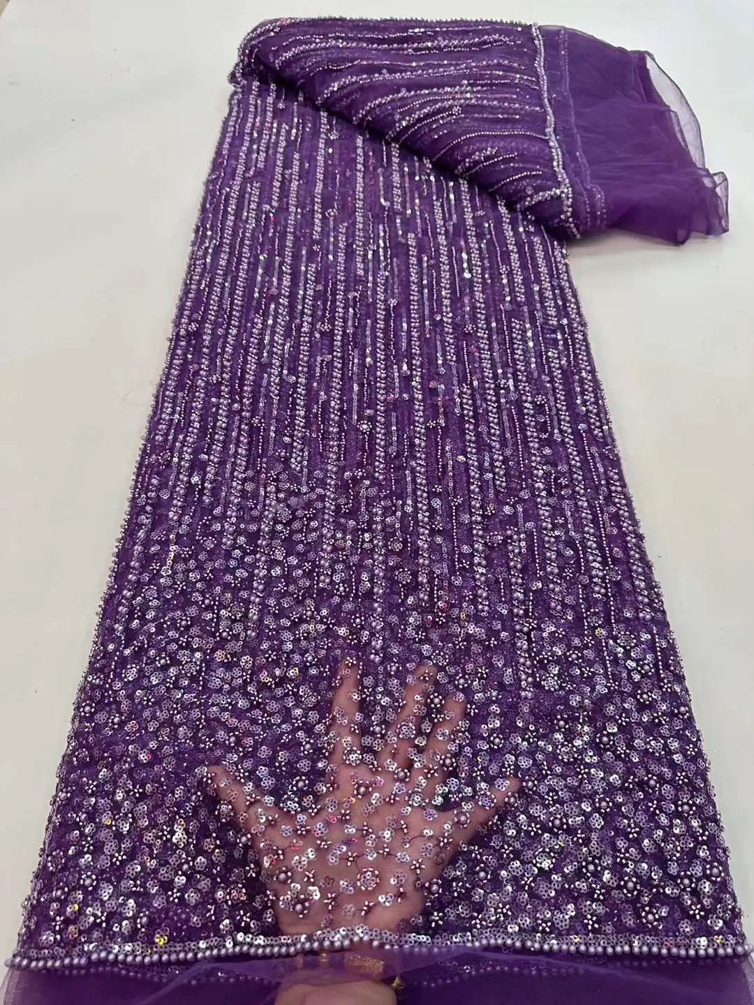 

High Quality African Sequins Handmade Groom Lace Fabric 2023 Nigerian French Beaded Tulle Lace Material For Wedding Dress Sewing