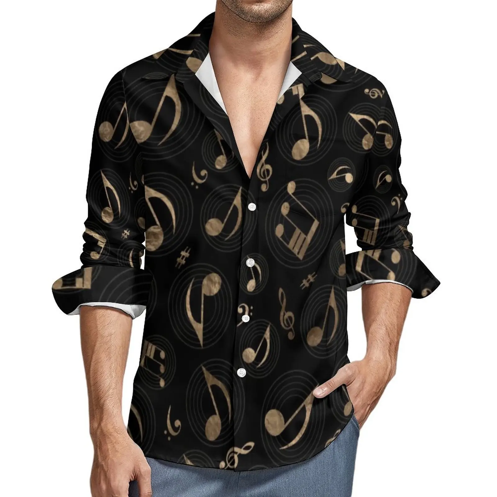 Мужская черная золотая полиэстер рубашка с музыкальными нотами