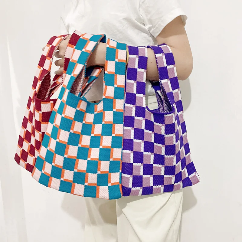 

Hot Sale Knitted Handbags Checkerboard Korean Style Tote Handbags Large-capacity Eco-friendly Shopping Bags Can Be Customized